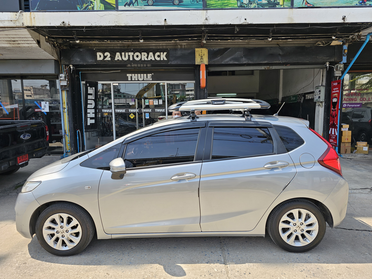 Honda Jazz ติดตั้ง แร็คใส่สัมภาระบนหลังคา CARRYBOY Roofrack รุ่น CB550N 100x120 cm