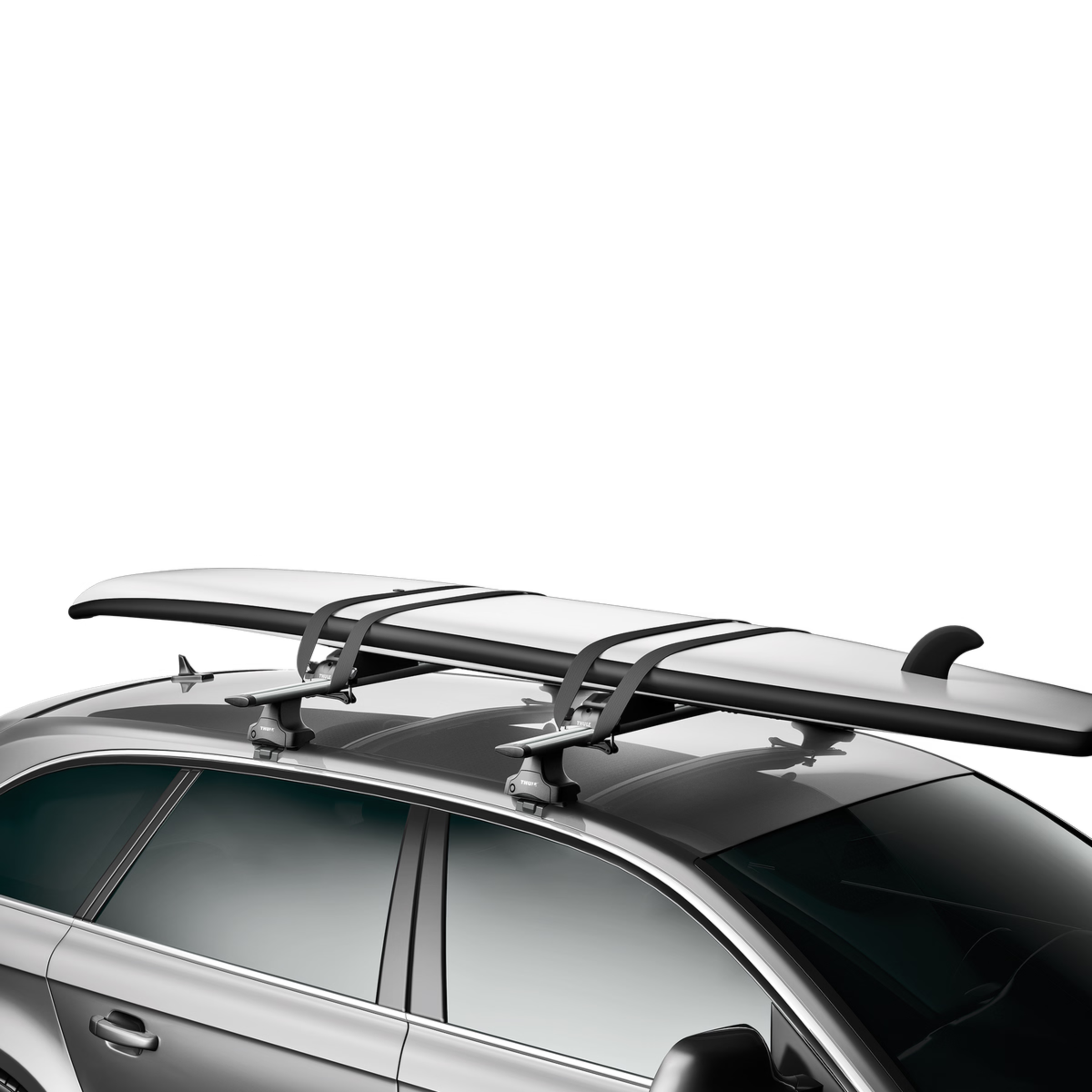 แร็ค บรรทุกSurfboardบนหลังคารถ THULE Board Shuttle 811 สายรัดรับน้ำหนักแข็งแรงทนทานพร้อมแผ่นรองแบบพันรอบที่ปรับได้บนสายรัด ปกป้องบอร์ดจากการเสียดสีของสายรัด