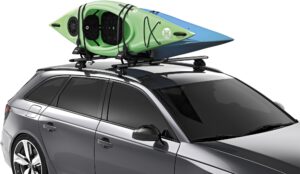 แร็คบรรทุกเรือ บนหลังคารถ THULE Hull-A-Port-XT 848 หากยึดจับเรือ เป็นแนวตั้งจะสามารถบรรทุกเรือคายัค ได้ 2 ลำ
