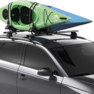 แร็คบรรทุกเรือ บนหลังคารถ THULE Hull-A-Port-XT 848 หากยึดจับเรือ เป็นแนวตั้งจะสามารถบรรทุกเรือคายัค ได้ 2 ลำ
