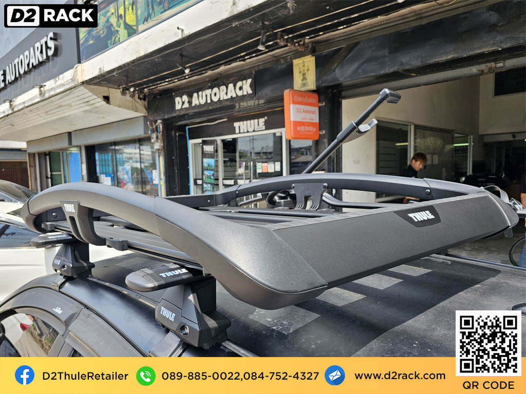 Toyota Yaris ติดตั้ง แร็คติดหลังคารถ THULE TRAIL-M 823 สี Black Color 90 x 135 cm